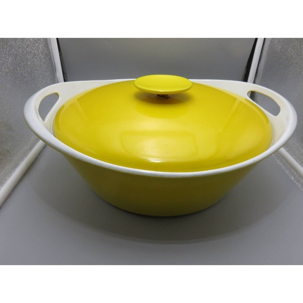 Vintage Yellow Enameled Dutch Oven Casserole Dish with Lid Mid Century Modern